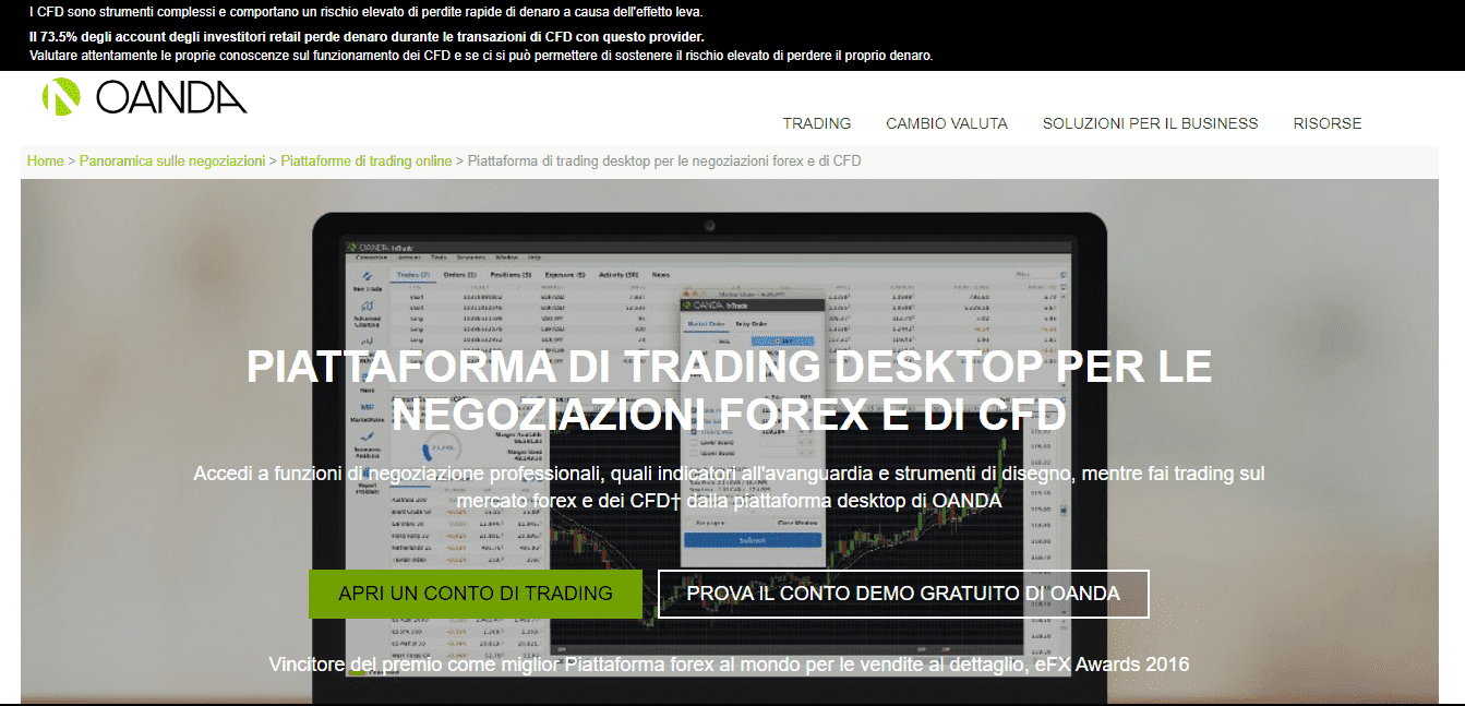 Versione desktop della piattaforma di Oanda
